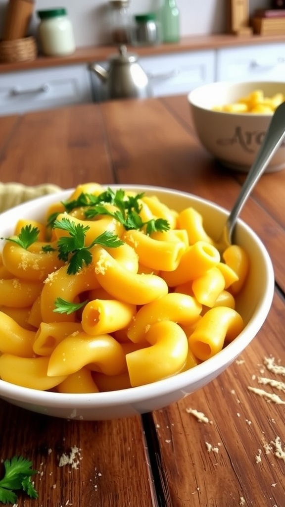 Creamy vegan mac ’n’ cheese with cashew sauce in a bowl, topped with parsley on a rustic table.